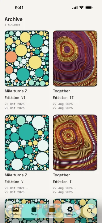 The Archive on iPhone: finished editions of two events, each with its edition number and dates.