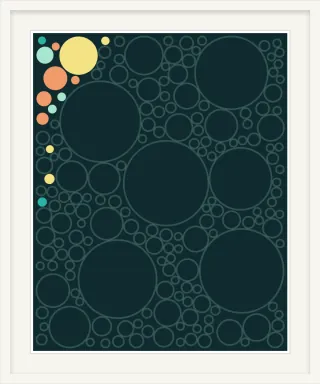 A circle packing piece in a white frame, mostly faint outlines, with a few coloured circles in the top left corner.