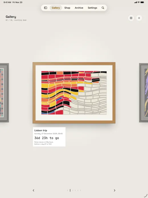 Tidsala on iPad: one framed piece, a half-painted Lisbon trip, hanging on the wall with a museum-style label reading 36 days 23 hours to go.